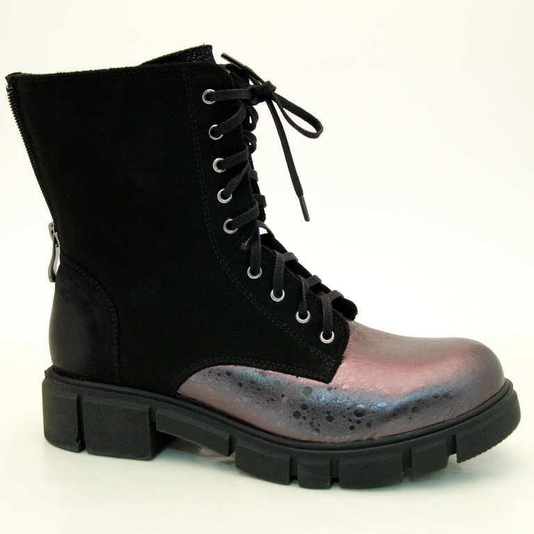 Ботинки 1376-5-L-95 кожа-нубук-шерсть серый-металлик-чёрные