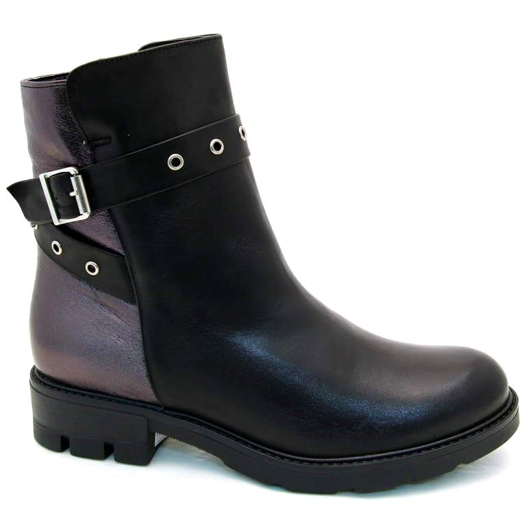 Ботинки 2573-115-3 кожа-шерсть чёрные-серый металлик