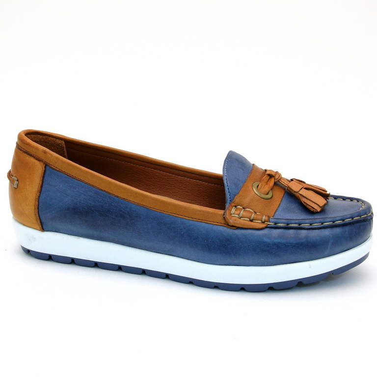Мокасины женские 7801-BLUE кожа-кожа сине-коричневые